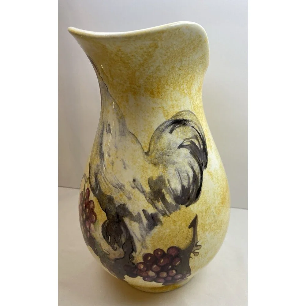 Ceramic Yellow Pitcher Rooster/Chicken Grapes Signed Hand Painted